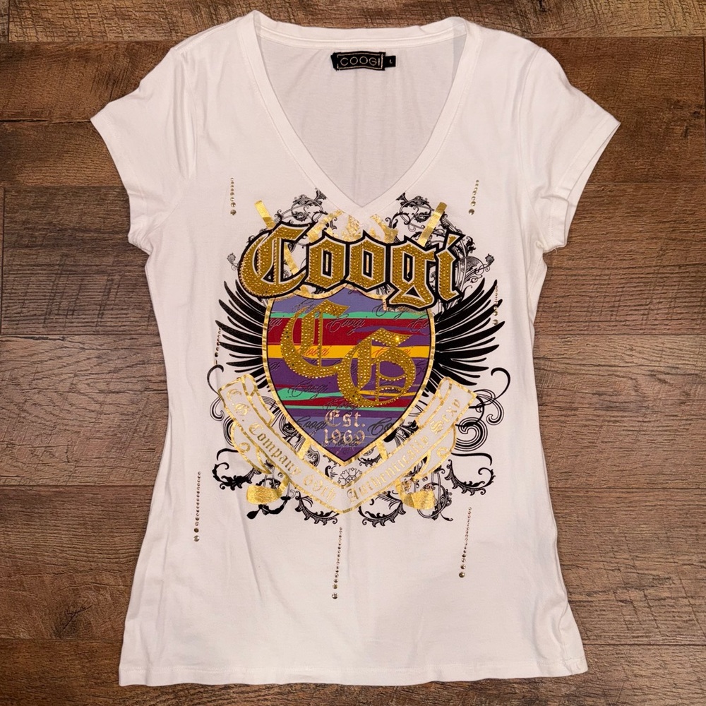 COOGI Y2K White and Gold Graphic Cap Sleeve Tee